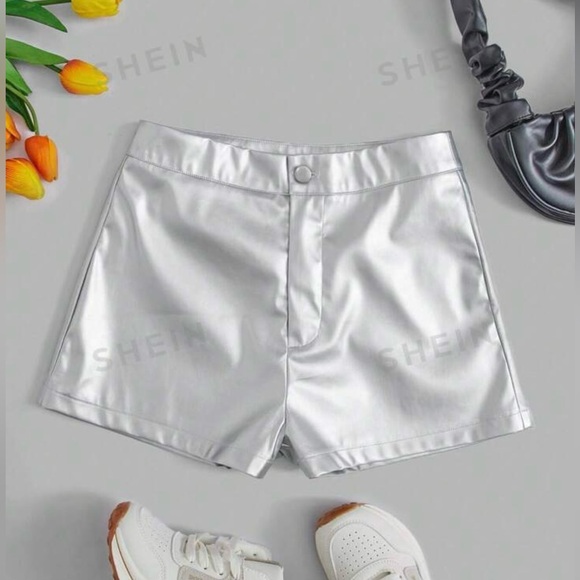 SHEIN Clasi Solid PU Leather Shorts- Silver - Picture 3 of 6